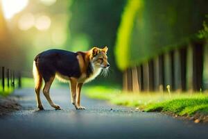 a dog walking on a road in the middle of the day. AI-Generated photo