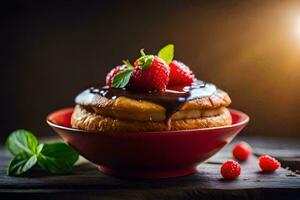 un postre con chocolate y bayas en un de madera mesa. generado por ai foto