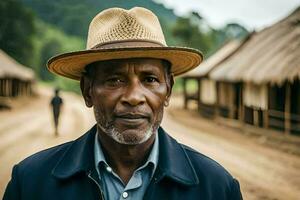 a man in a hat stands in front of a hut. AI-Generated photo