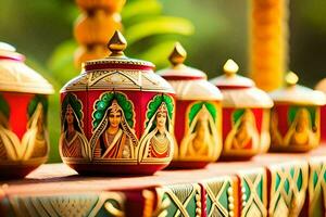 many colorful pots with painted designs on them. AI-Generated photo