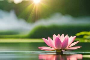 a pink lotus flower in the water with the sun shining. AI-Generated photo
