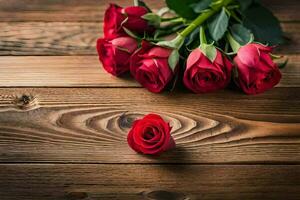 red roses on a wooden table. AI-Generated photo