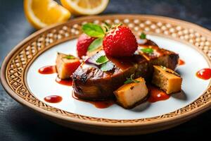 a plate with a piece of meat, strawberries and a slice of lemon. AI-Generated photo