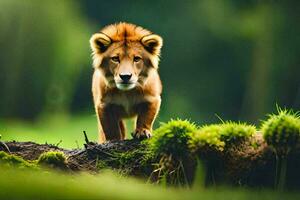 a lion walking on a log in the middle of a green field. AI-Generated photo