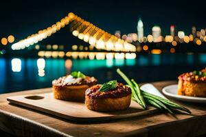 two mini pies on a wooden board with a city skyline in the background. AI-Generated photo