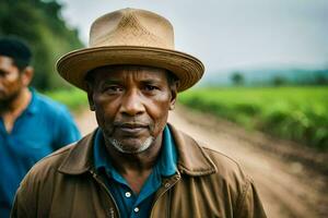 a man in a hat stands in a field. AI-Generated photo