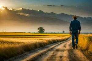 un hombre camina solo en el campo. generado por ai foto