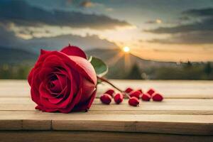 a red rose sits on a wooden table with the sun setting behind it. AI-Generated photo