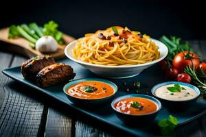 a plate of pasta, sauce and vegetables on a wooden table. AI-Generated photo