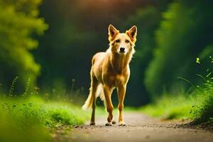 a dog walking on a path in the woods. AI-Generated photo