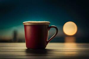 un rojo café taza en un de madera mesa con un borroso antecedentes. generado por ai foto