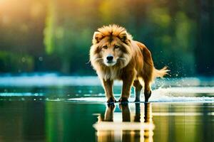 a lion walking across a lake at sunset. AI-Generated photo