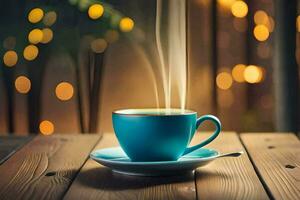 a cup of coffee on a wooden table with bokeh lights. AI-Generated photo