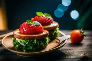 two sandwiches with strawberries on top of them. AI-Generated photo
