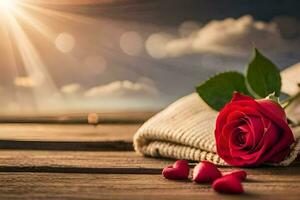 un rojo Rosa y corazones en un de madera mesa. generado por ai foto