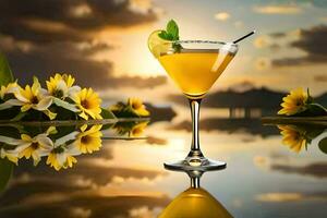 a cocktail with sunflowers and a sunset in the background. AI-Generated photo