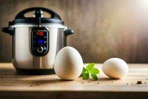two eggs sit next to an instant pot. AI-Generated photo