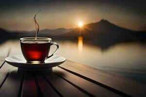 a cup of tea on a wooden table with a lake in the background. AI-Generated photo