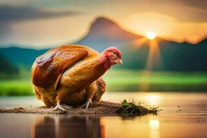 a chicken is standing on the shore of a lake at sunset. AI-Generated photo