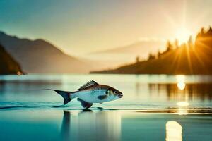 un pescado es nadando en el agua a puesta de sol. generado por ai foto