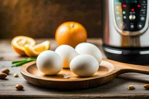 eggs on a wooden board next to an electric pressure cooker. AI-Generated photo