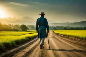 a man in a blue suit walks down a dirt road. AI-Generated photo