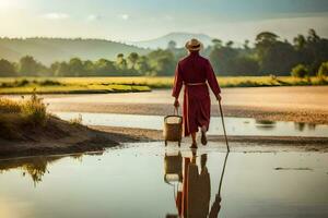 a monk walking through a river with a basket. AI-Generated photo
