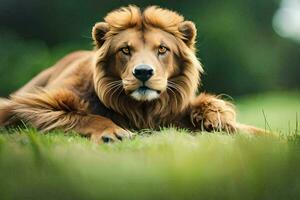 a lion laying in the grass. AI-Generated photo