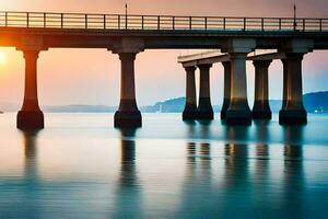 a bridge over the ocean at sunset. AI-Generated photo