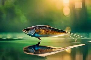 a fish is floating on the water with a sun in the background. AI-Generated photo