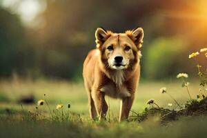 a dog is standing in the grass with flowers. AI-Generated photo