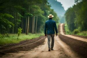 man walking on a dirt road in the middle of a forest. AI-Generated photo