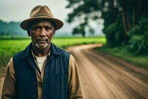 a man in a hat standing on a dirt road. AI-Generated photo