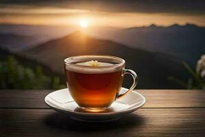 un taza de té en un mesa en el montañas. generado por ai foto