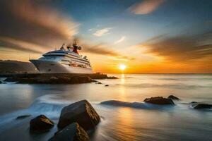 un crucero Embarcacion en el Oceano a puesta de sol. generado por ai foto