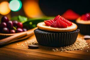 a cupcake with strawberries and chocolate on a wooden table. AI-Generated photo