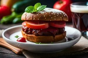 a hamburger with tomato and lettuce on a white plate. AI-Generated photo