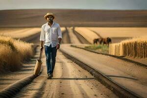 a man walking on a dirt road with a hat and a stick. AI-Generated photo