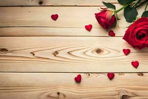 red roses on a wooden table. AI-Generated photo