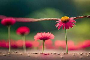 pink flowers are standing on a wire. AI-Generated photo