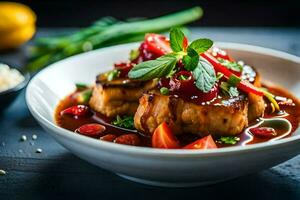 a bowl of food with meat and vegetables. AI-Generated photo