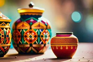 three colorful vases sitting on a table. AI-Generated photo