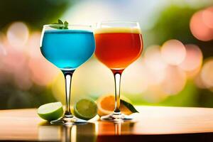 two glasses of colorful drinks on a table. AI-Generated photo