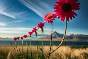 pink flowers in the field with mountains in the background. AI-Generated photo