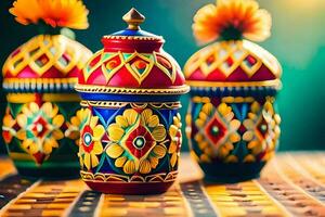 three colorful painted pots sitting on a table. AI-Generated photo