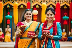 two women in traditional indian attire holding pots. AI-Generated photo