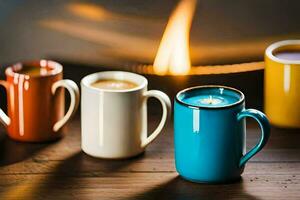 cuatro café tazas en un mesa con un fuego. generado por ai foto