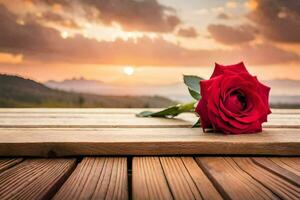 a single red rose sits on a wooden table in front of a sunset. AI-Generated photo