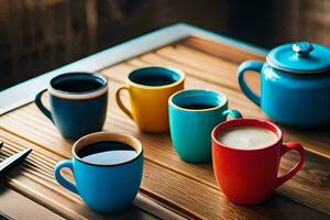 a table with four colorful cups of coffee. AI-Generated photo