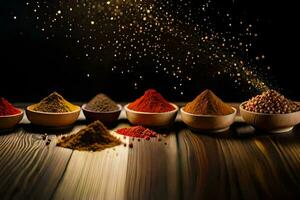 spices and spices on wooden table with sparkles. AI-Generated photo